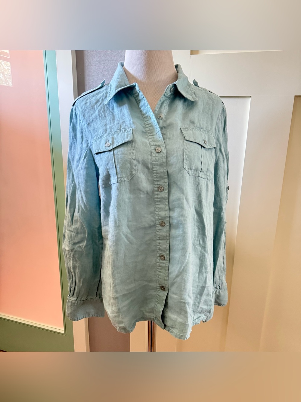 Tory Burch 100% Linen Aqua Blue Long Sleeve Shirt Blouse